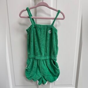 Baby GAP Girls Size 4 Green Terry Cloth Sleeveless Romper with Flower & Pockets